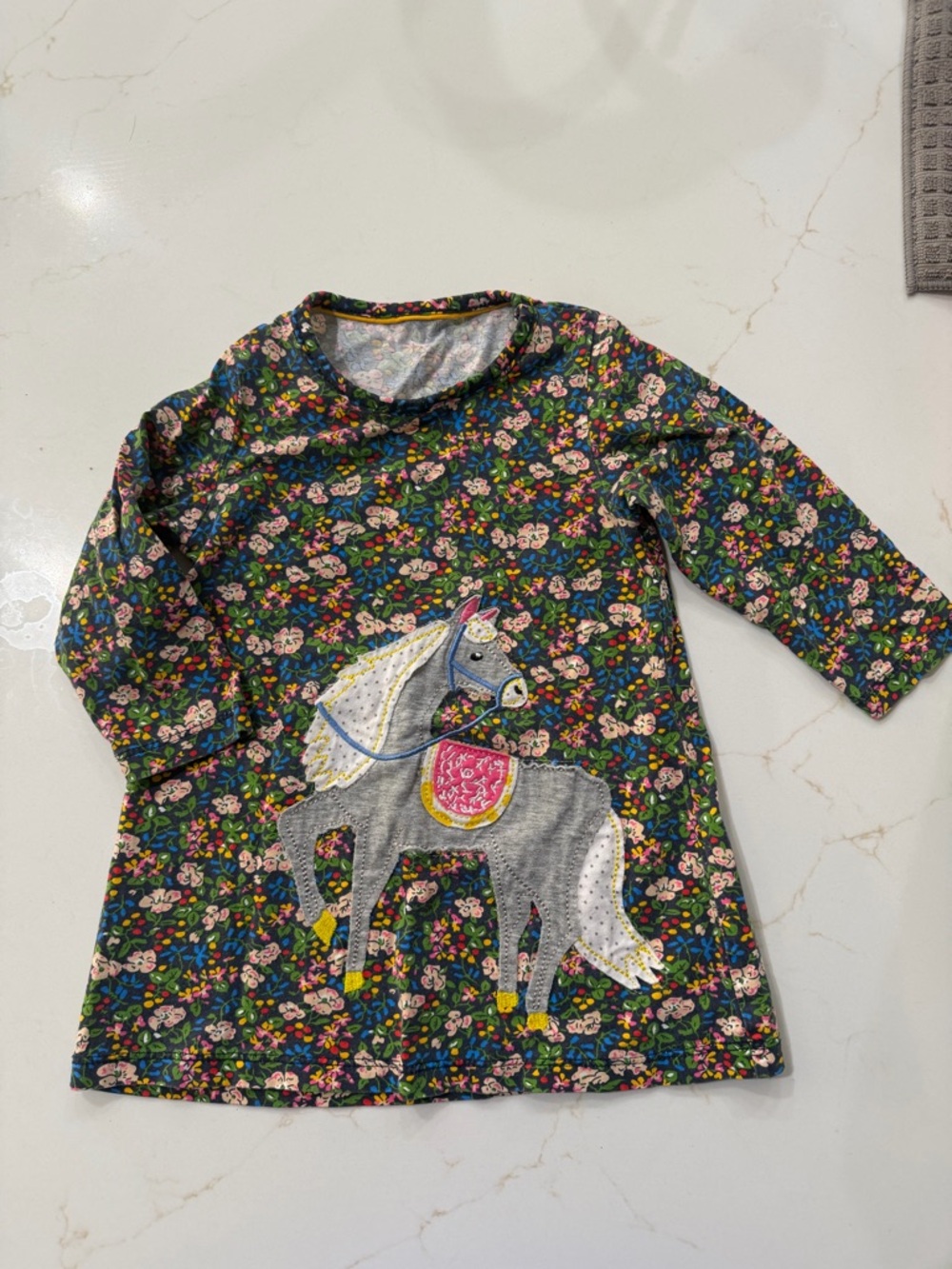 Girls Floral Dress with Appliqué Horse - Navy Background
